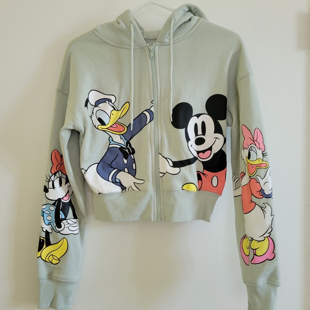 Disney Mickey Mouse And Friends Sage Green Cropped Zip Up Hoodie Women's XS NWOT